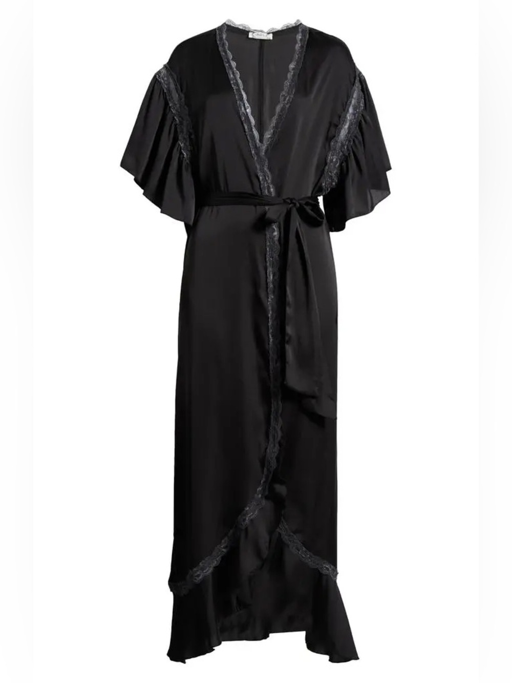 Intimately Free People Robe XS Satin Maxi Waist Tie Ruffle Lace Billowy Black